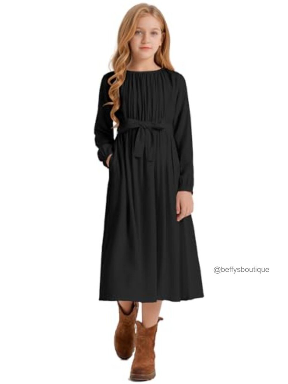 Girls Casual Midi Dress Viscose Rayon Ruffle Long Sleeve Elastic Neck Waist Cuff